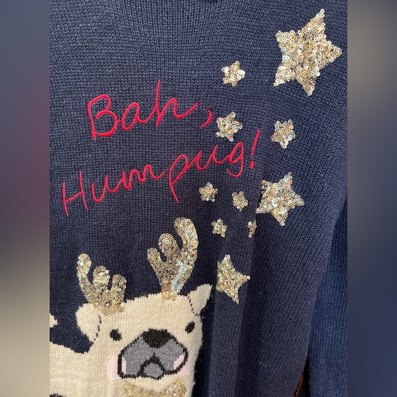 Bah Humpug Christmas Pug Sweater Navy Blue w/ Gold Sequin Stars & Antlers Medium - Picture 3 of 6